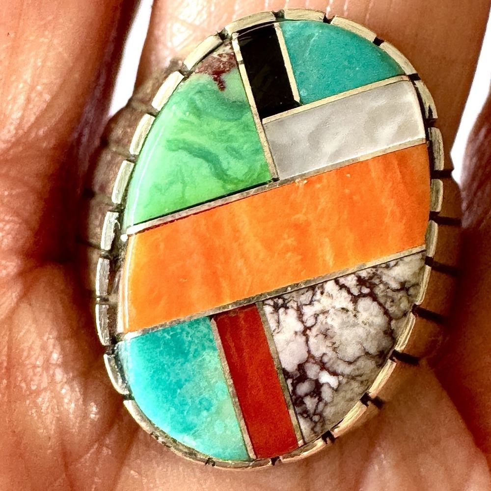Navajo Turquoise Mens Ring Sz 9 Multi Stone Inlay Signed Jack Oval Sterl 20mm